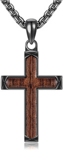 Wooden Cross Necklace 925 Sterling Silver Christian Faith Pendant Gift Men Women