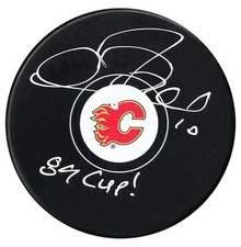 Gary Roberts Autographed Calgary Flames Stanley Cup Inscribed Puck (Small Logo)