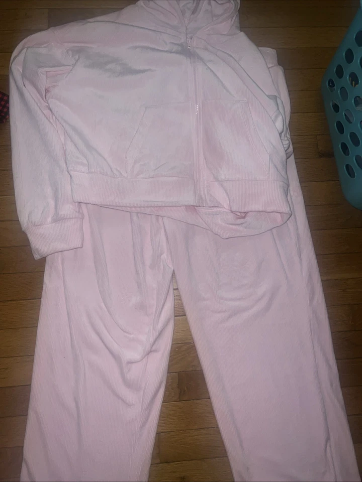 Moletom com capuz chique de veludo rosa com zíper tamanho XXL, cintura baixa calça flare tamanho XL - Imagem 2 de 4
