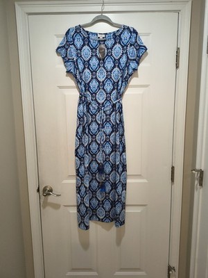 NWT J. Jill  Inky Blue Boho Cap Sleeve Belted Maxi Stretch Dress Size Medium