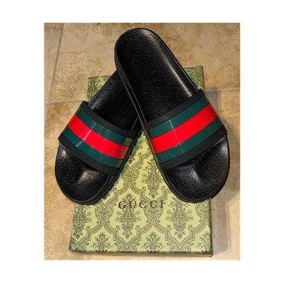 Gucci Unisex Kids Web Stripe Logo Slide Sandals Black Red Green US 8.5 NIB