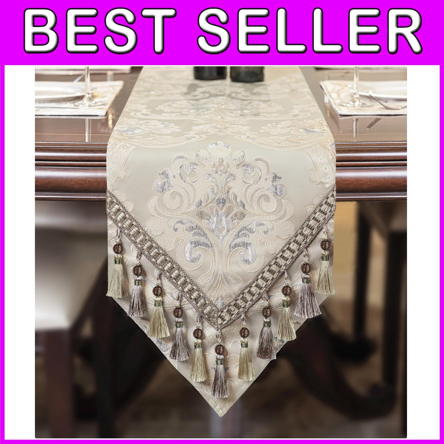 Luxury Floral Jacquard Table Runner 90" Long - Light Apricot