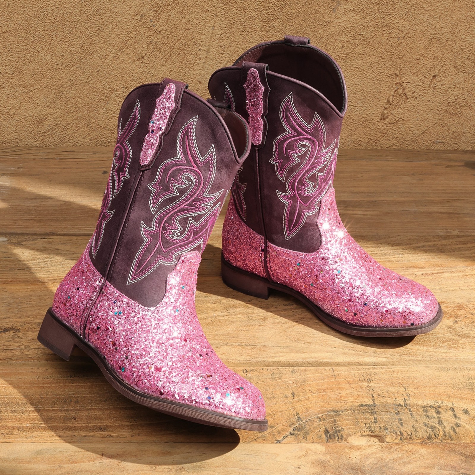 Kids Western Boots Girls Cowboy Boots Round Toe Pull On Glitter Mid Calf Boots