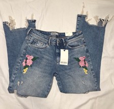 Zara Jeans Embroidered Distressed Floral Cropped Ankle Raw Hem Boho 6