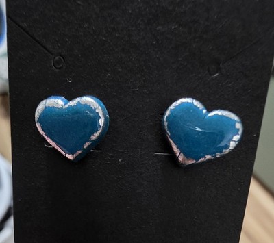 Hand-crafted Blue Foil Heart Stud Earrings, Valentine's Earrings