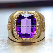 Amethyst Cushion Cut With 925 Sterling Silver  Gold Plated Ring For Men's #59 *