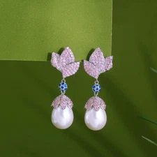 Chic Silver Plated Pave CZ Pink Blue Flower Pearl Drop Earrings Wedding Jewelry