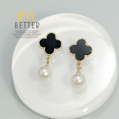 Ohrringe Clips Gold Perle Glücksblume Schwarz Vintage YW4