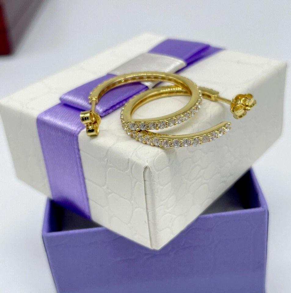 ORECCHINI CERCHIO SEMIAPERTI IN ARGENTO 925 DORATI BRILLANTATI DA DONNA ELEGANTI - Immagine 4 di 4