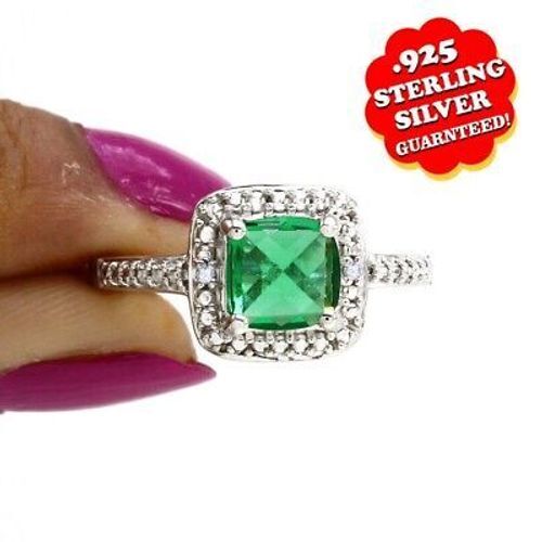 1 Ct Simulated Emerald & Natural Diamond Halo Ring in Sterling Silver