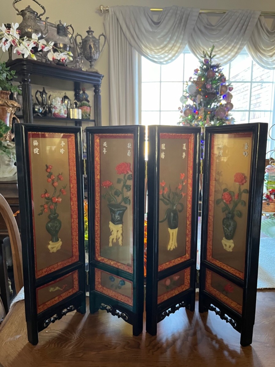 ★asian interior★ ★Glass＆Flower・set Vintage Asian Floral Jade Hand Carved Table Top 4 Panel Screen