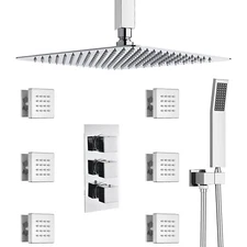 Ceiling 8"Rainfall Shower Head Combo Chrome Shower Set w/Mixer Valve & Body Jets