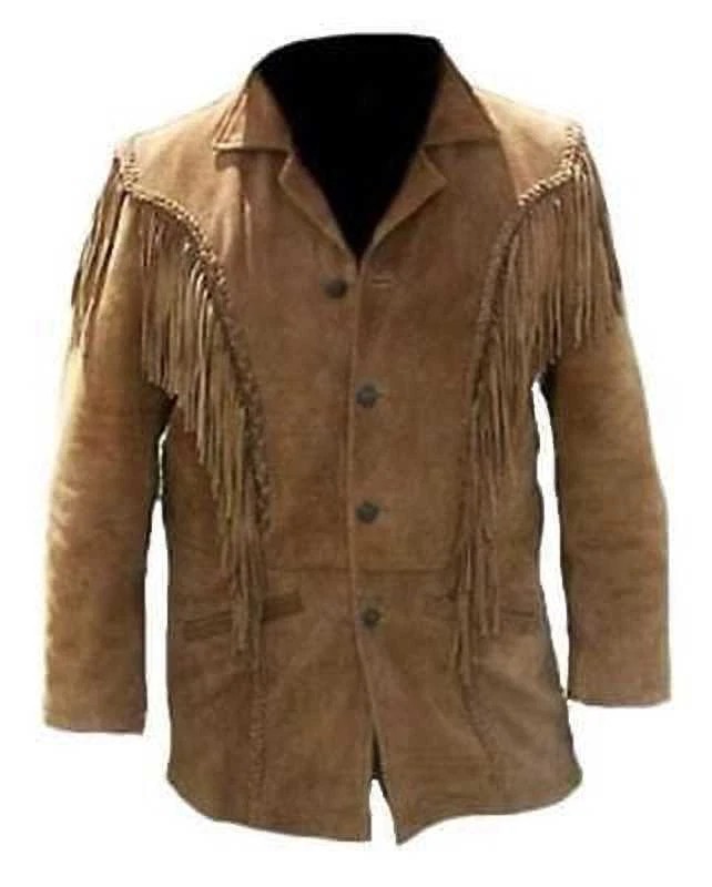 Men Brown Suede Vintage Traditional Western Cowboy Leather Jacket With Fringe
