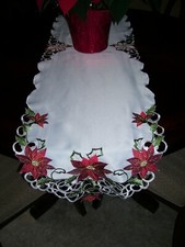 Embroidered Cutwork Poinsettia Polyester Christmas Table Runner, White Red Green