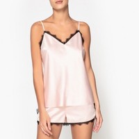 LA REDOUTE LADIES LACE TRIM SHORT PYJAMAS POWDER PINK NEW (ref 343)