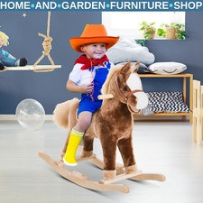 Image of Kids Rocking Horse Wooden Base Lightweight with Footrest & Grip Handle Brown