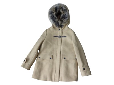 Zara Coat Girls 10-12 Camel Tan Wool Duffel Toggle Fur Lined