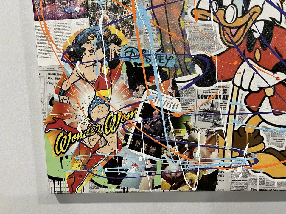 Pintura de medios mixtos de artista local 1/1 HGI FL Pato Donald Scrooge Walt Disney Pop Foto 3 de 4