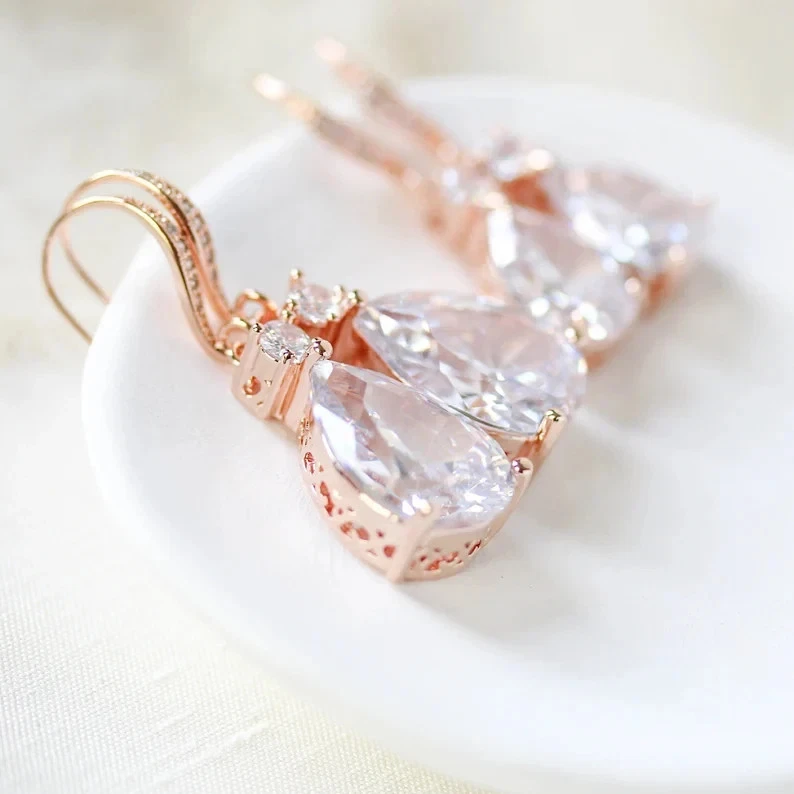 4Ct Pear Cut Real Moissanite Solitaire Dangle Earrings in 14K Rose Gold Plated - Image 3 of 4