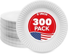300 Count 9 Inch White Uncoated Disposable Paper Plates Bulk