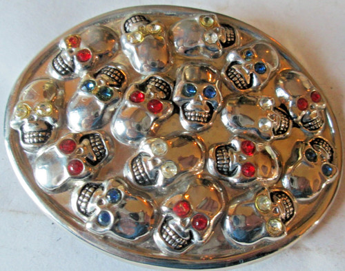 DECORATIVE FASHION GOTH/EMO CHROME PLATED BRASS OVAL SKULLS BELT BUCKLE, USED