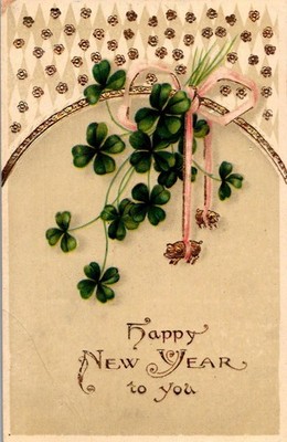Vintage Victorian Postcard 1914 Happy New Year to You - Four Leafe Clover