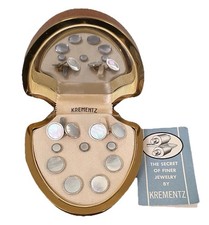Vintage Krementz Tuxedo Cuff Link & Stud Set 9 Piece Round Mother Of Pearl