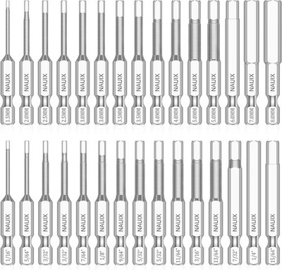 30 Piece Hex Head Allen Wrench Drill Bit Set, 1/4 Inch Shank Small, Silver 