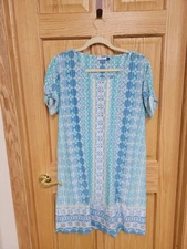 Cabana Life Dress Womens Large Blue Aqua Pattern Short Sleeve Nylon Spandex Tie