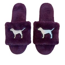 Victoria  s Secret PINK Purple Faux Fur Slippers Silver Dog Logo Slides Med. 7/8