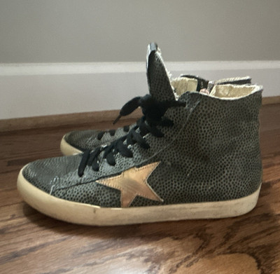 Golden Goose Francy Pebbled Gray Eel Skin Look High Top Lace Up Leather Sneakers