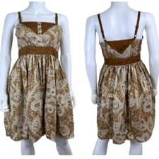 Anna Sui 100 Silk Women Sz 4 Tan Paisley A Line Side Zip Shoulder Strap Dress
