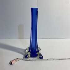 VTG Cobalt Blue Art Glass Trumpet Vase 8" Hand Blown Mid Century Murano Style