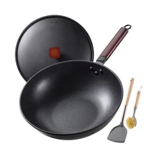 Carbon Steel Wok -13 Inch Woks & Stir-fry Pans Nonstick, Wok Pan wi... Fast Ship