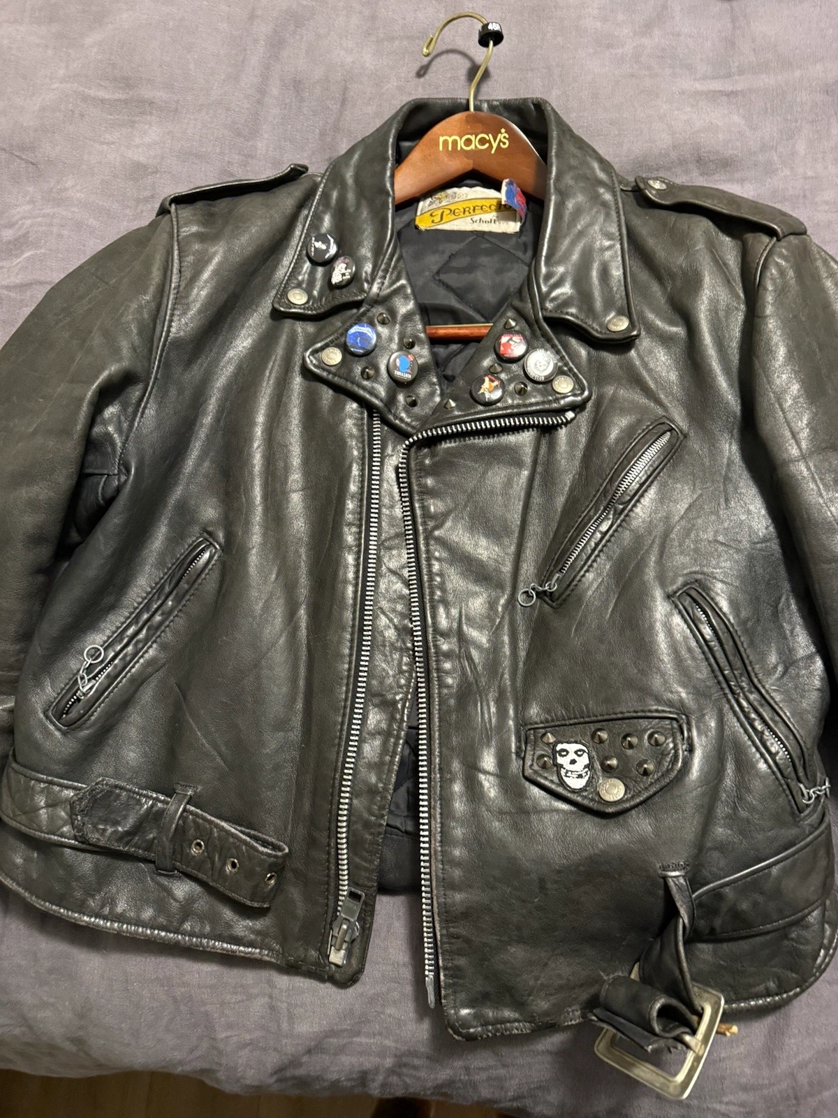Schott NYC Perfecto Black Leather Biker Jacket Belted Zip Men's Size 46 118 - product detail image 1