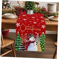 Merry Christmas Tree Snowman Burlap Table Runner 70 13x70in Red Black Green