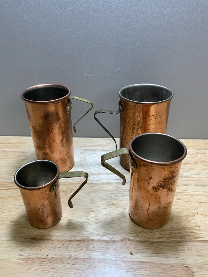 4 copos líquidos antigos de cobre altos empilháveis para medição da década de 1970 - Imagem 3 de 4