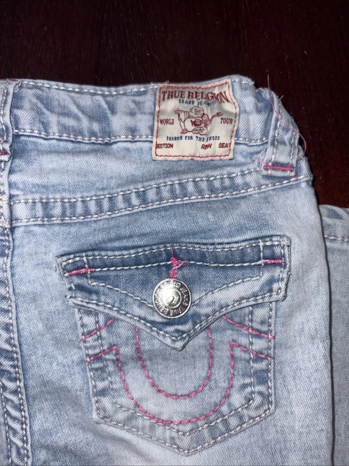 Pantalones de mezclilla True Religion niños niñas Joey tiro alto acampanados talla 8 rasgados lavado claro Foto 3 de 4