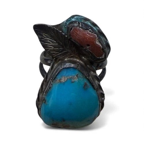 Vintage Turquoise Coral Ring Silver Artisan Southwest Boho Split Shank Size 5