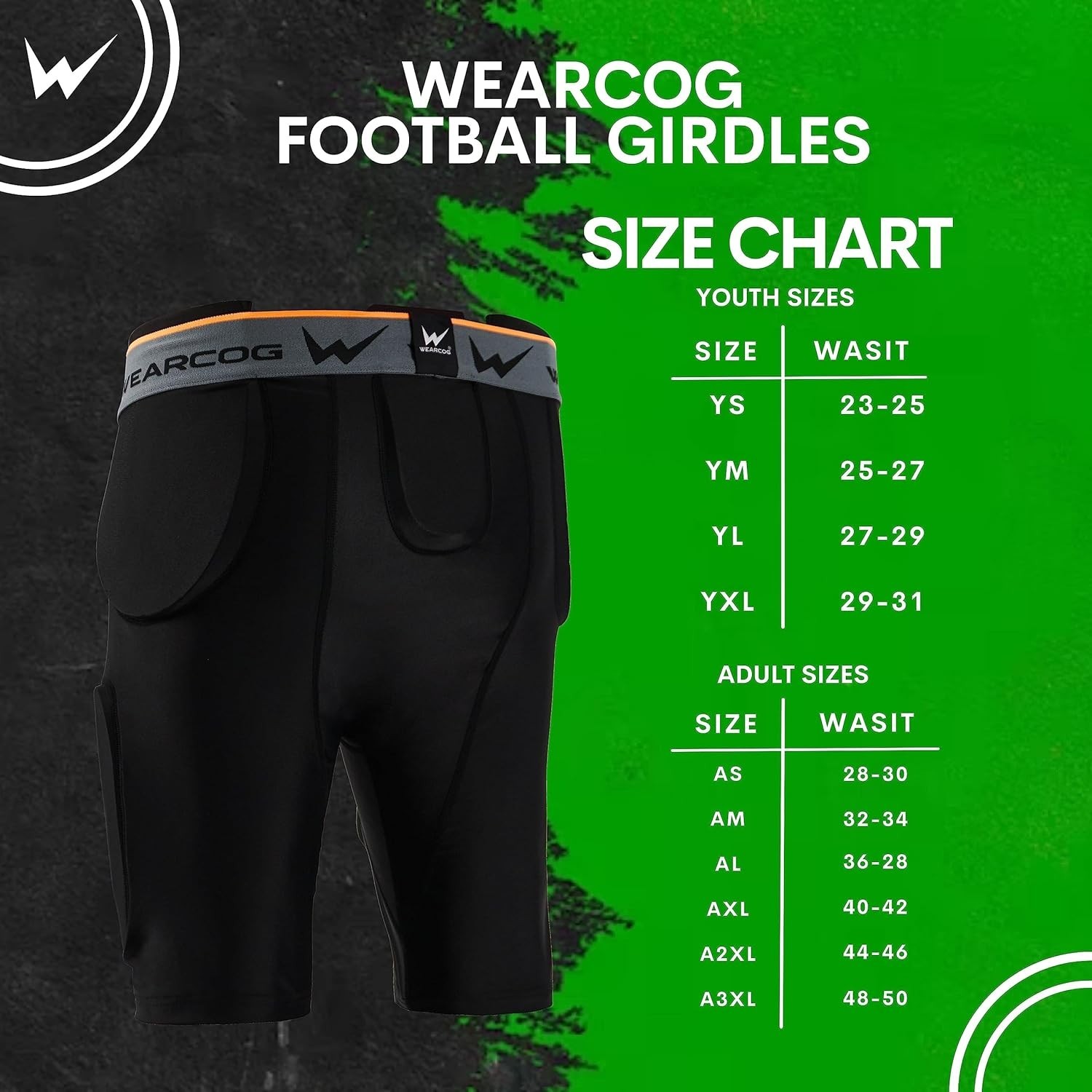 Wearcog 2XL Adult Football Padded Girdle w/ Hip, Tail, Thigh Pads & Cup Pocket