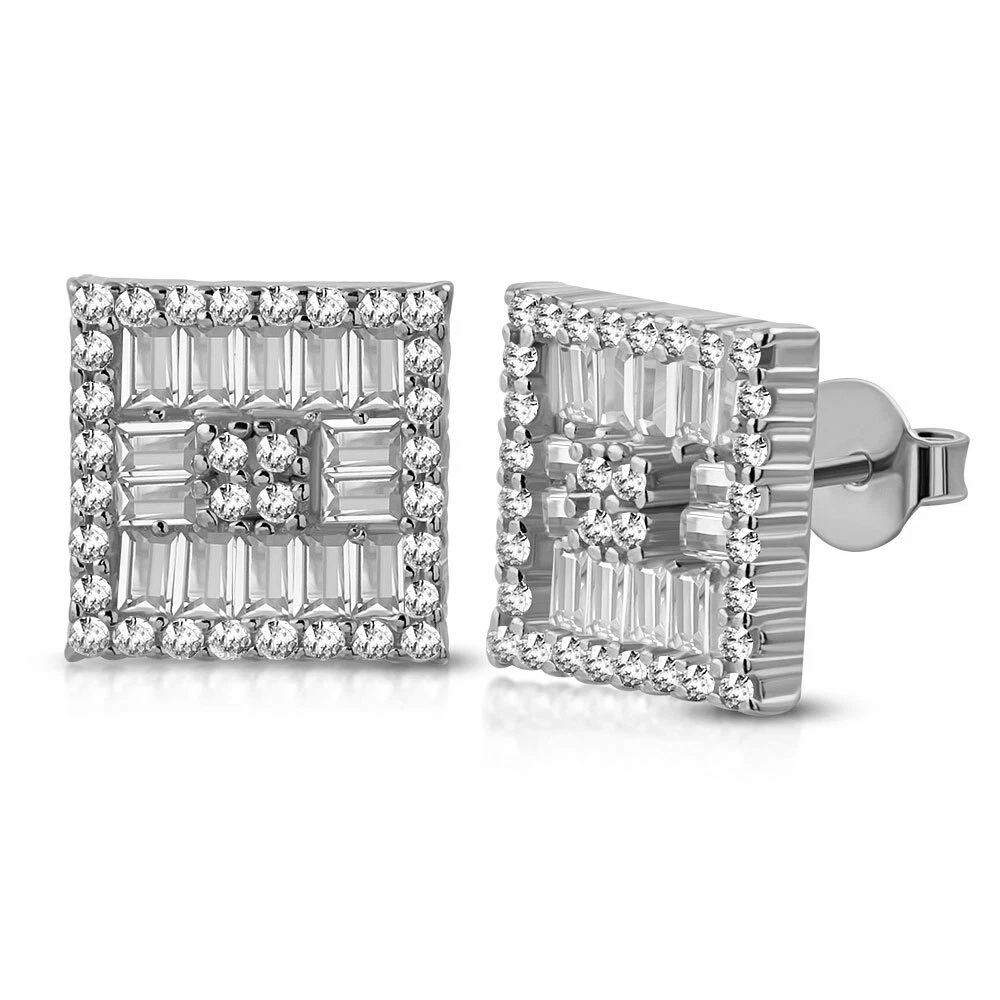 925 Sterling Silver Clear White Baguette Shape CZ Square Stud