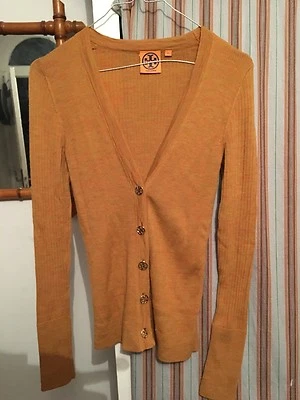 Gilet cardigan femme TORY BURCH 100% laine fine, magnifique safran chiné, t.XS - Photo 1/4