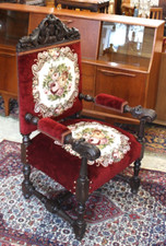 French Antique Oak Renaissance Armchair | New Red Upholstery