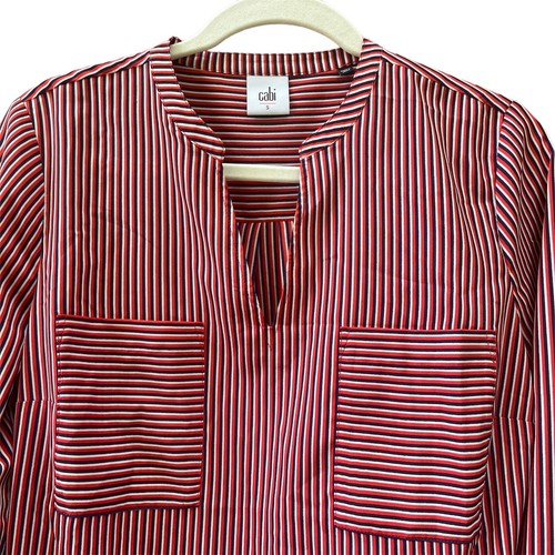 CABI Franklin Split V-Neck Long Sleeve Tunic Red White Blue Stripe Womens Small - Picture 2 of 9