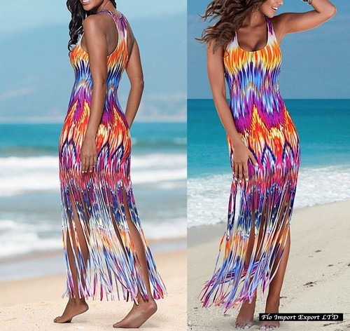 Vestito Copricostume Donna Frange Multicolore Maxi Dress Woman Cover up  110242 | eBay