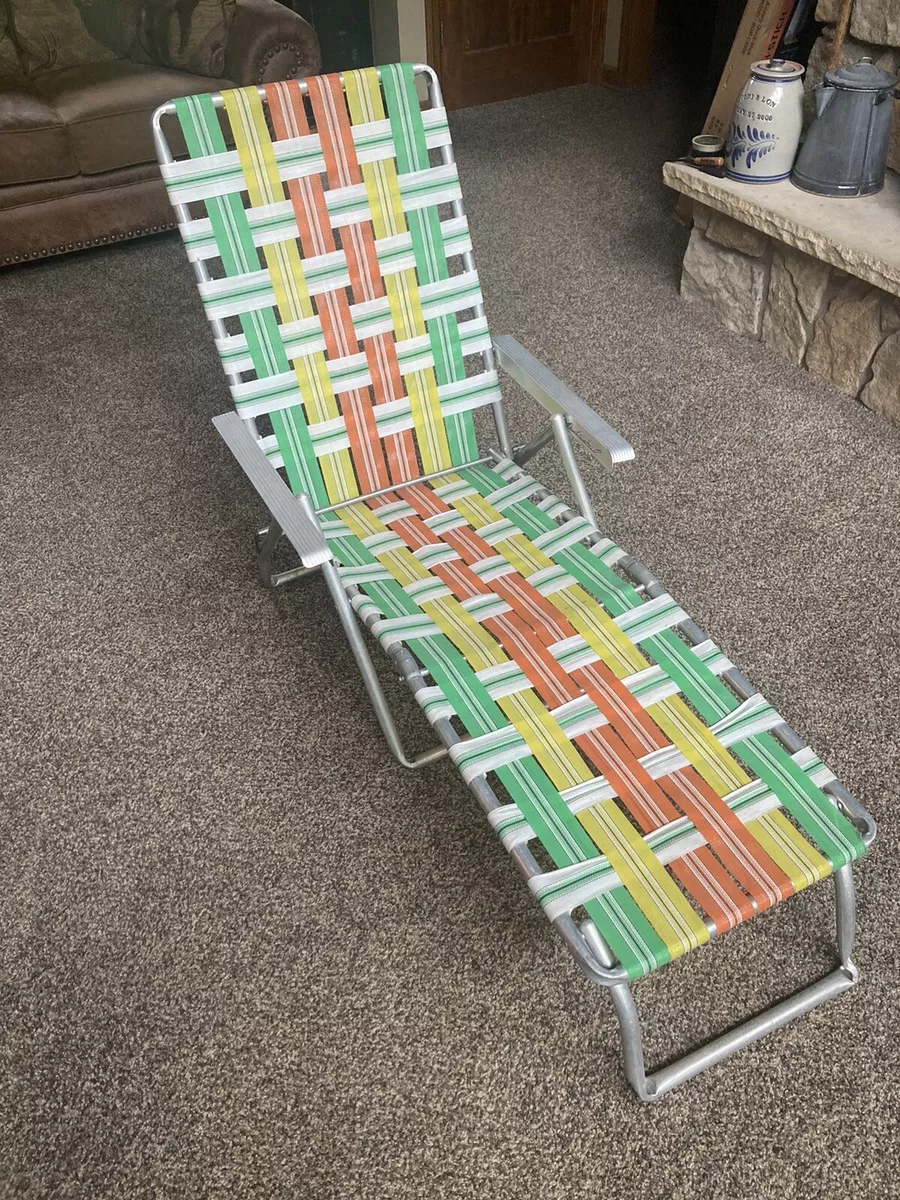 Vintage Orange Yellow Green Wht Webbed Aluminum Chaise Lounge Folding Reclining
