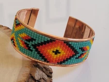 Native American Style Copper Seed Beaded Adjustable Bracelet Cuff Turquoise