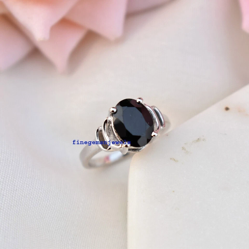 Anello In Argento Sterling 925 Con Gemma In Onice Nero Naturale Per Donna #48 - Immagine 3 di 4