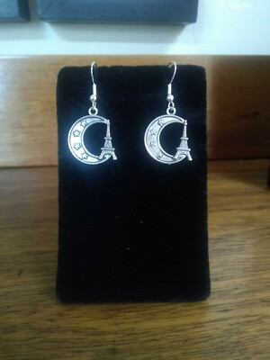 Earrings with the Eiffel Tower and Crescent Moon with Sterling Silver Earwire