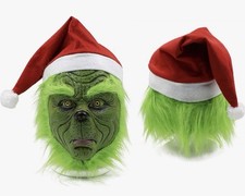 Green Grinch-Style Full Face Latex Mask w/ Hair  Santa Hat and gloves